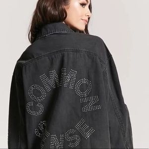 Forever 21 Denim ‘Common Sense’ Black Distressed Denim Jacket Size M